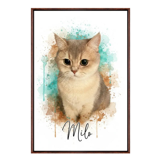 Custom Pet Cat Watercolor Portrait in 2:3 Floating Frame, Personalized Vertical Wall Art from Photo, Large Framed Watercolor Painting, Modern Home Decor